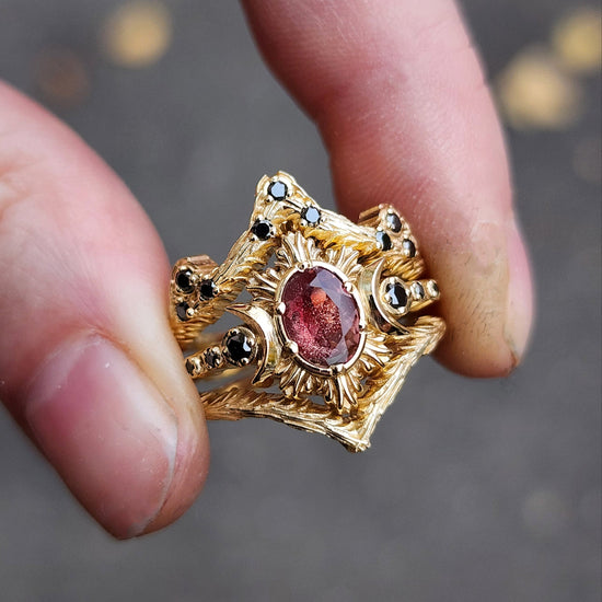 3 ring wedding set triple moon ring with red oregon sunstone oval and black diamonds gothic fine jewelry 14k yellow gold