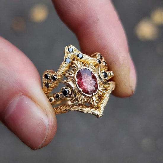 3 ring wedding set triple moon ring with red oregon sunstone oval and black diamonds gothic fine jewelry 14k yellow gold