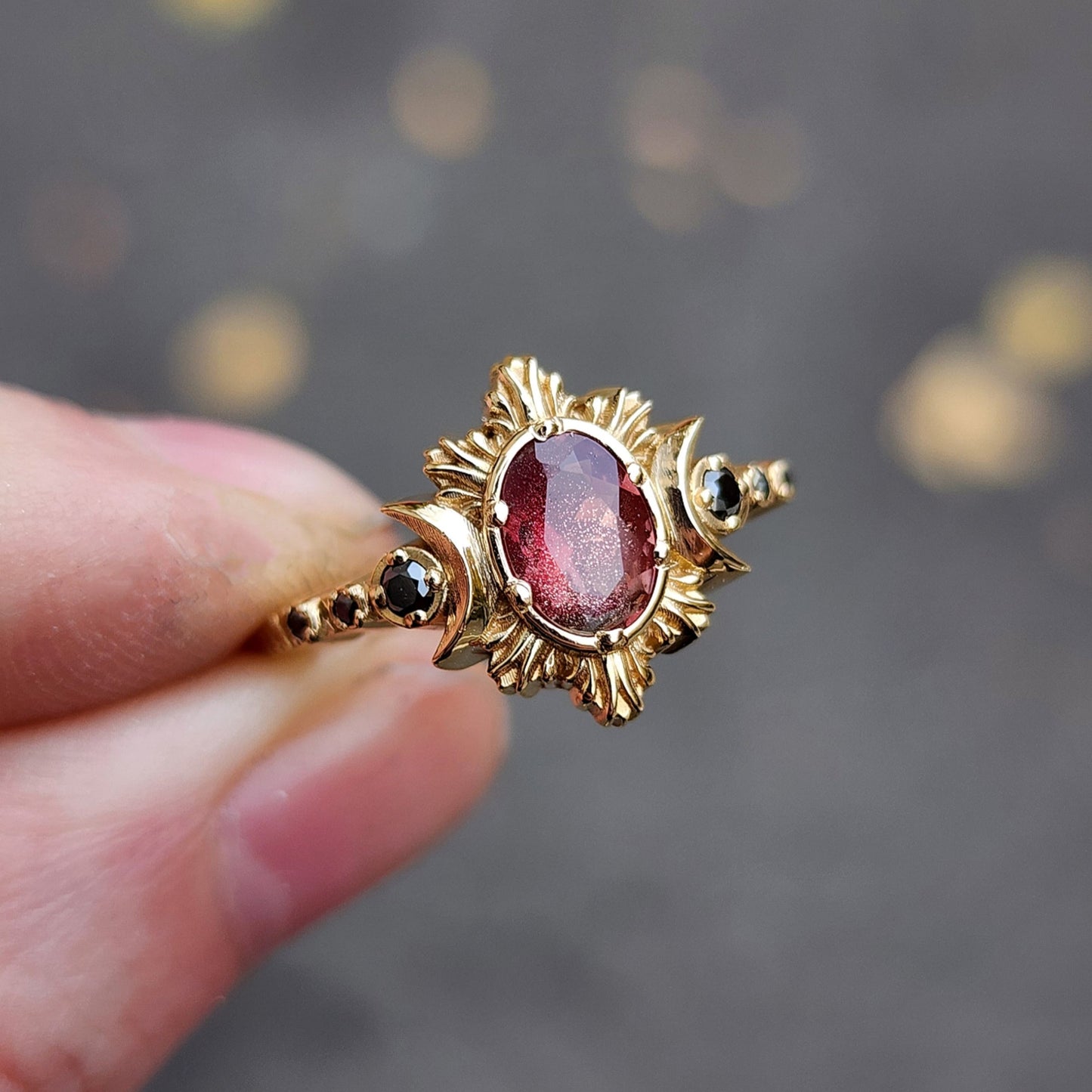 3 ring wedding set triple moon ring with red oregon sunstone oval and black diamonds gothic fine jewelry 14k yellow gold