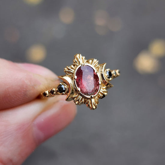 3 ring wedding set triple moon ring with red oregon sunstone oval and black diamonds gothic fine jewelry 14k yellow gold