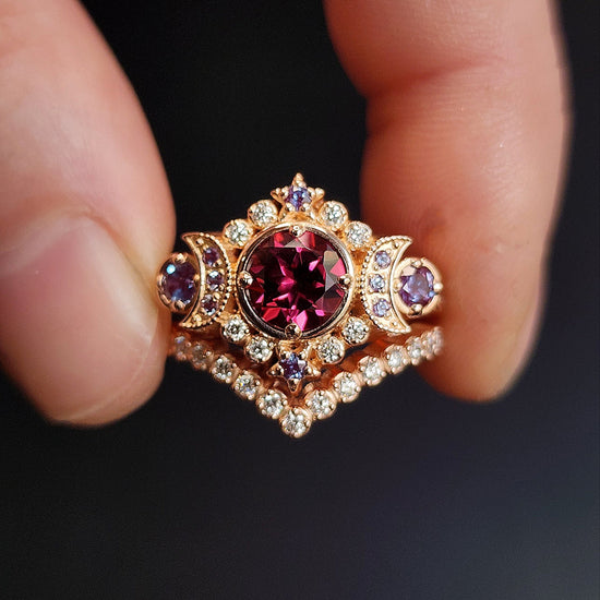 rhodolite garnet and alexandrite triple moon selene ring with diamonds and wedding band 14k rose gold unique jewelry 