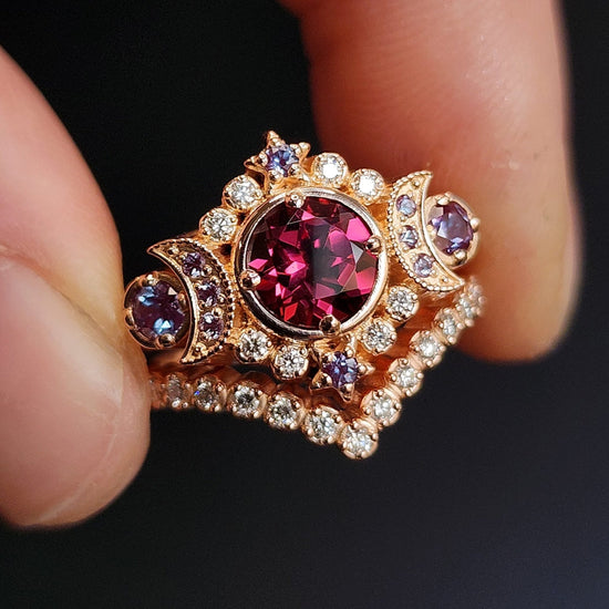 rhodolite garnet and alexandrite triple moon selene ring with diamonds and wedding band 14k rose gold unique jewelry 