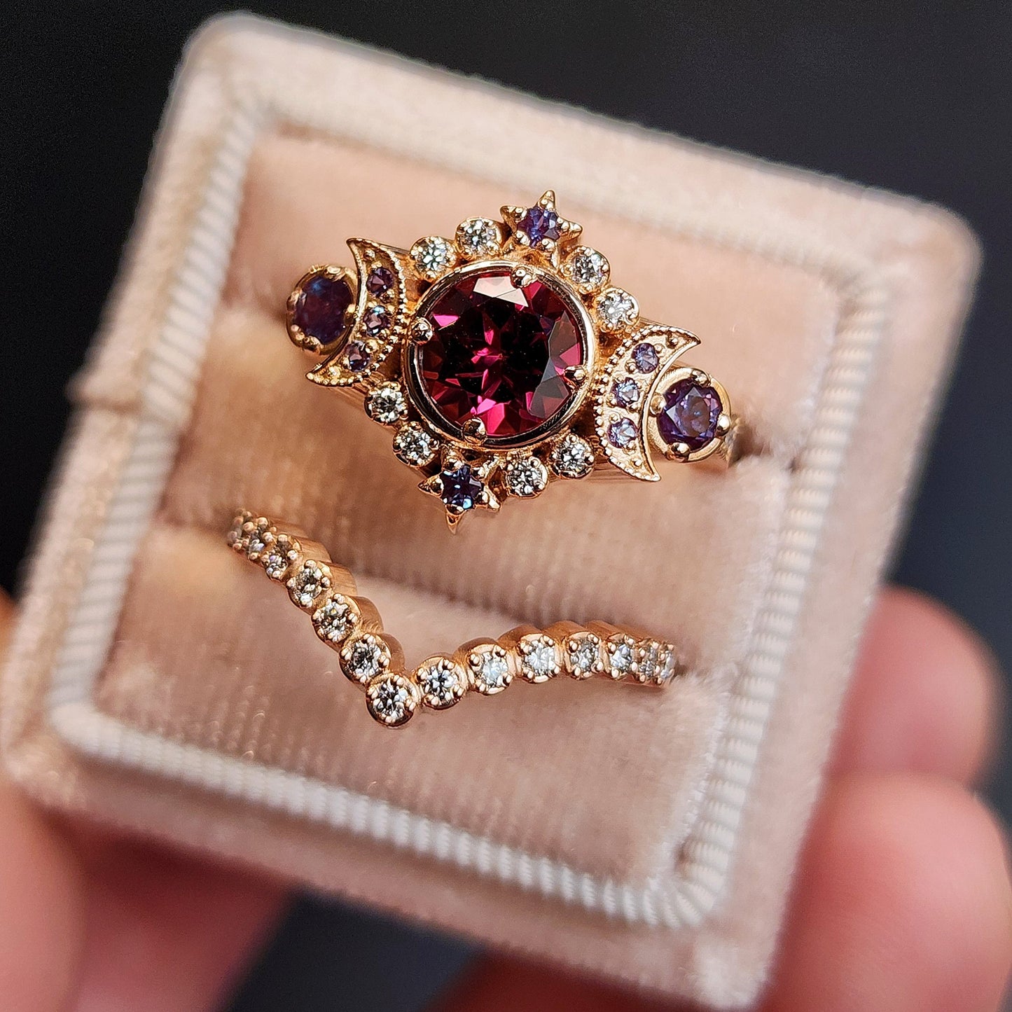 rhodolite garnet and alexandrite triple moon selene ring with diamonds and wedding band 14k rose gold unique jewelry 