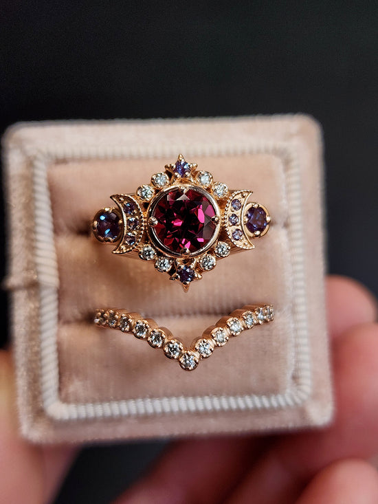 rhodolite garnet and alexandrite triple moon selene ring with diamonds and wedding band 14k rose gold unique jewelry 