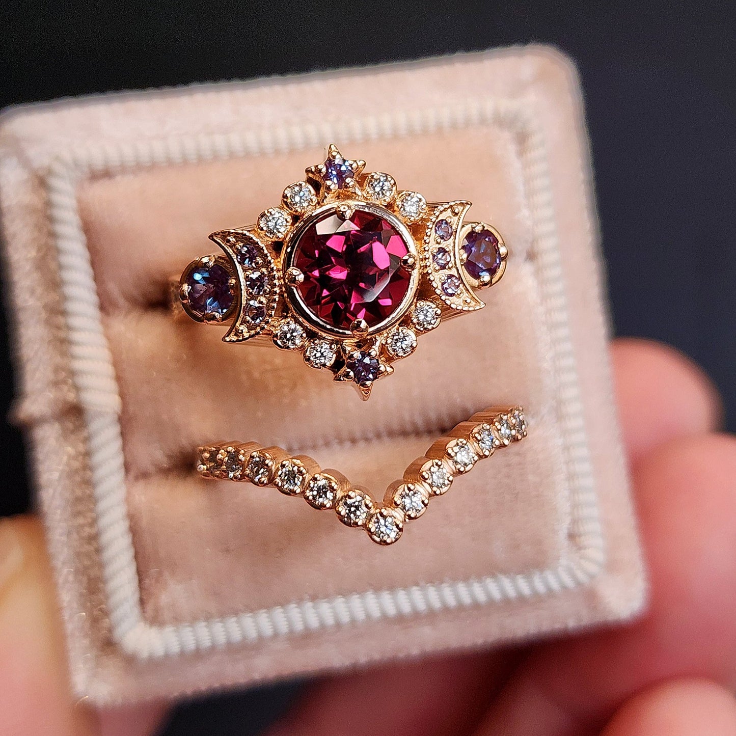 rhodolite garnet and alexandrite triple moon selene ring with diamonds and wedding band 14k rose gold unique jewelry 