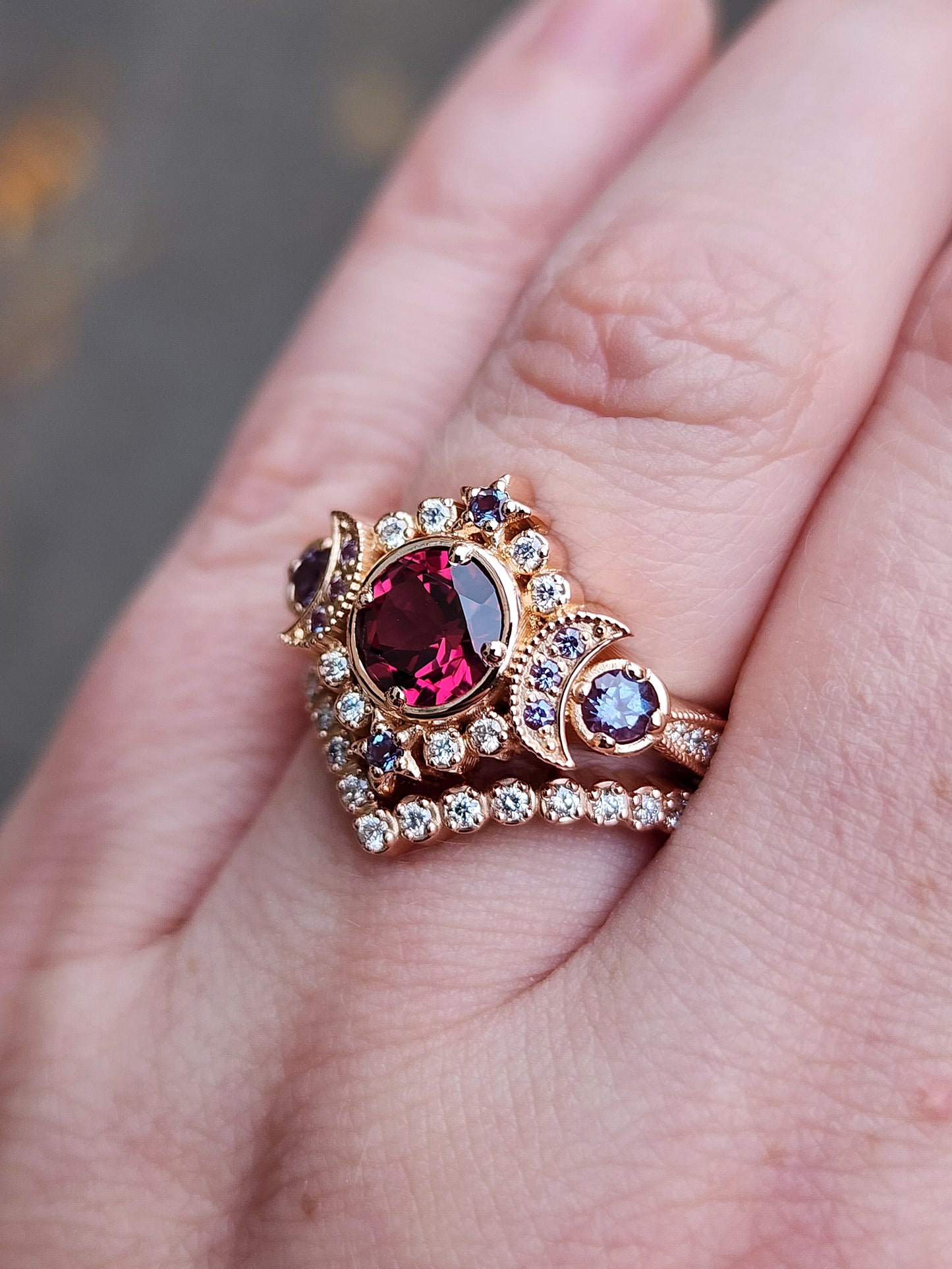 rhodolite garnet and alexandrite triple moon selene ring with diamonds and wedding band 14k rose gold unique jewelry 