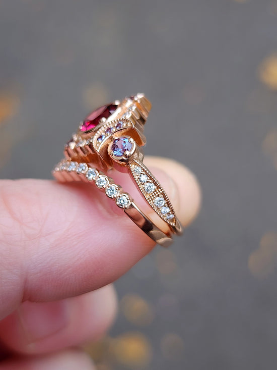 rhodolite garnet and alexandrite triple moon selene ring with diamonds and wedding band 14k rose gold unique jewelry 