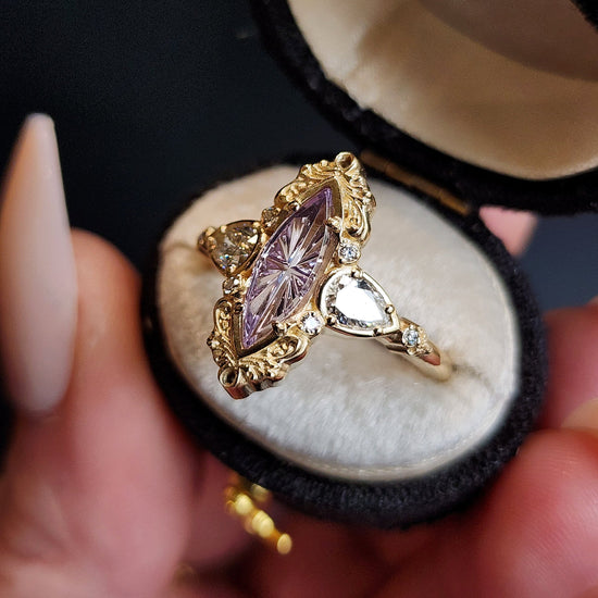 john dyer purple sapphire starbrite odette set by swankmetalsmithing vintage inspired 14k yellow gold 3 ring set with diamonds and filigree