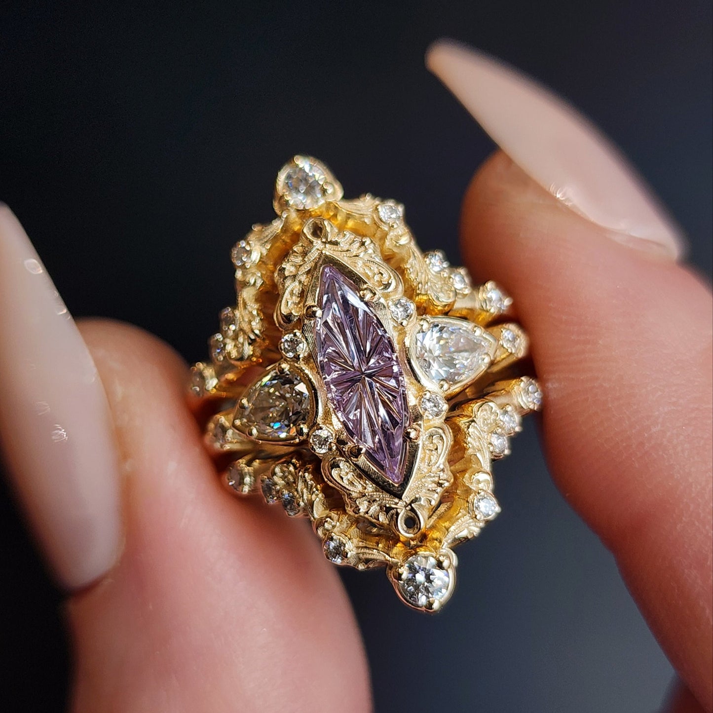 john dyer purple sapphire starbrite odette set by swankmetalsmithing vintage inspired 14k yellow gold 3 ring set with diamonds and filigree