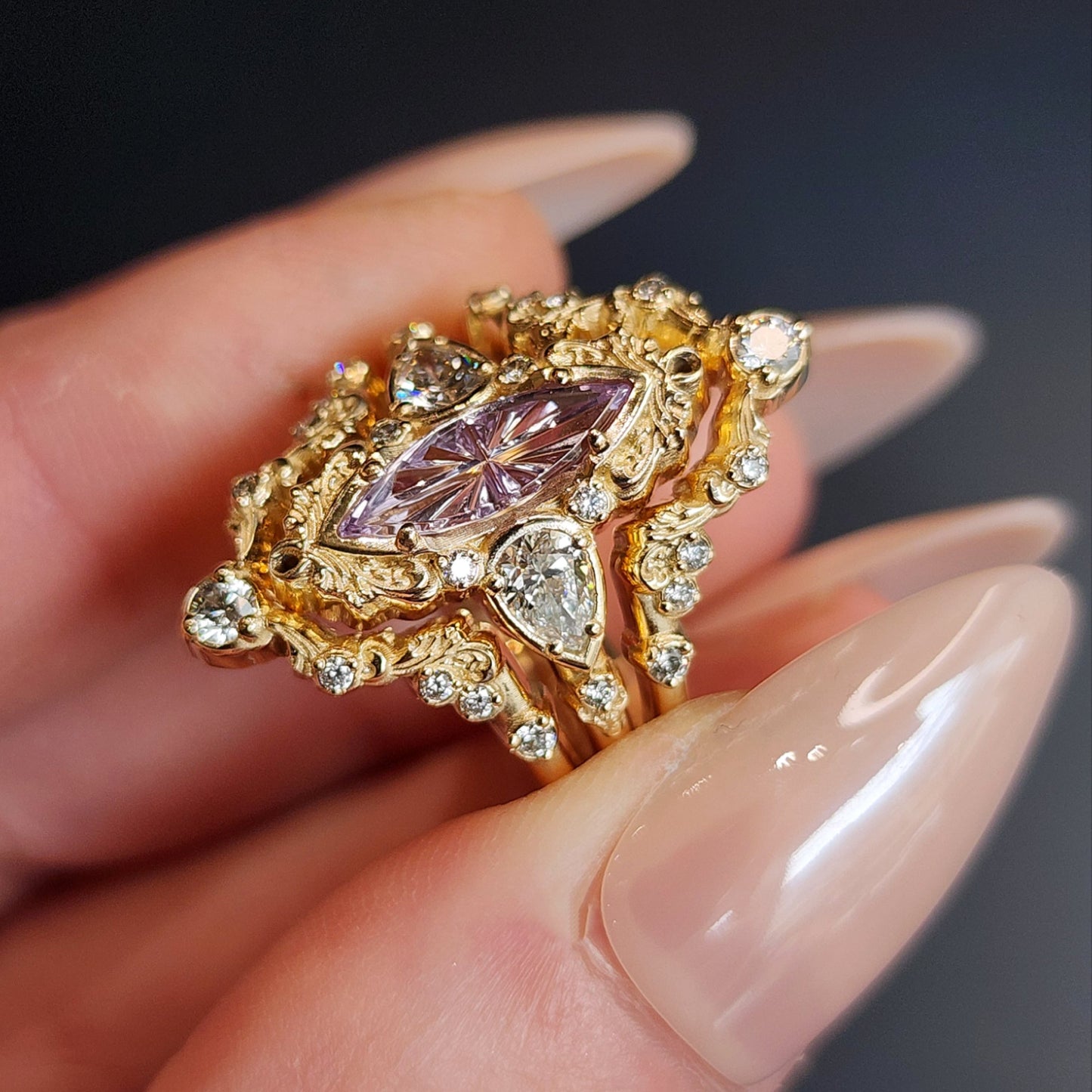 john dyer purple sapphire starbrite odette set by swankmetalsmithing vintage inspired 14k yellow gold 3 ring set with diamonds and filigree