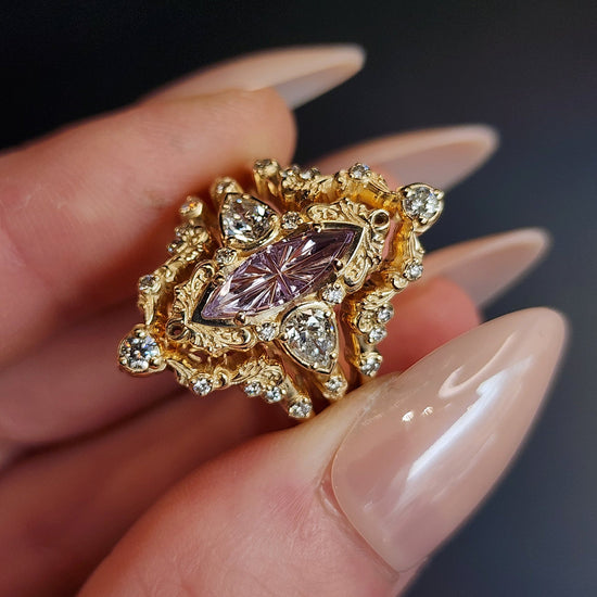 john dyer purple sapphire starbrite odette set by swankmetalsmithing vintage inspired 14k yellow gold 3 ring set with diamonds and filigree