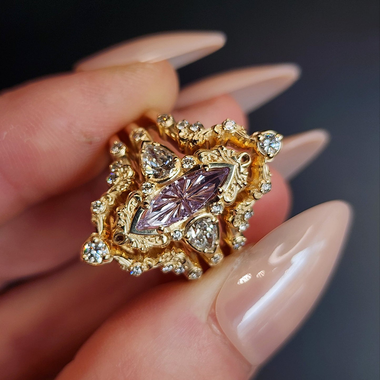 john dyer purple sapphire starbrite odette set by swankmetalsmithing vintage inspired 14k yellow gold 3 ring set with diamonds and filigree