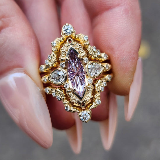 john dyer purple sapphire starbrite odette set by swankmetalsmithing vintage inspired 14k yellow gold 3 ring set with diamonds and filigree