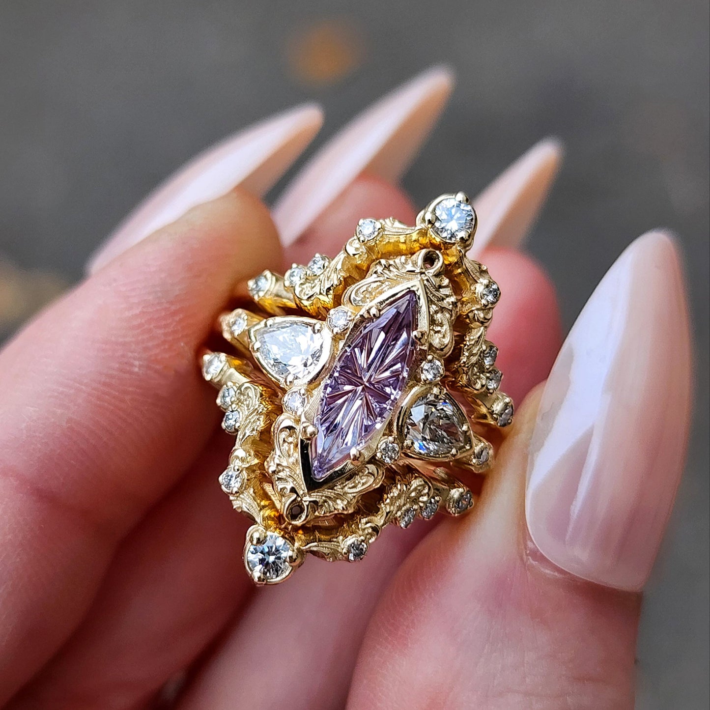 john dyer purple sapphire starbrite odette set by swankmetalsmithing vintage inspired 14k yellow gold 3 ring set with diamonds and filigree