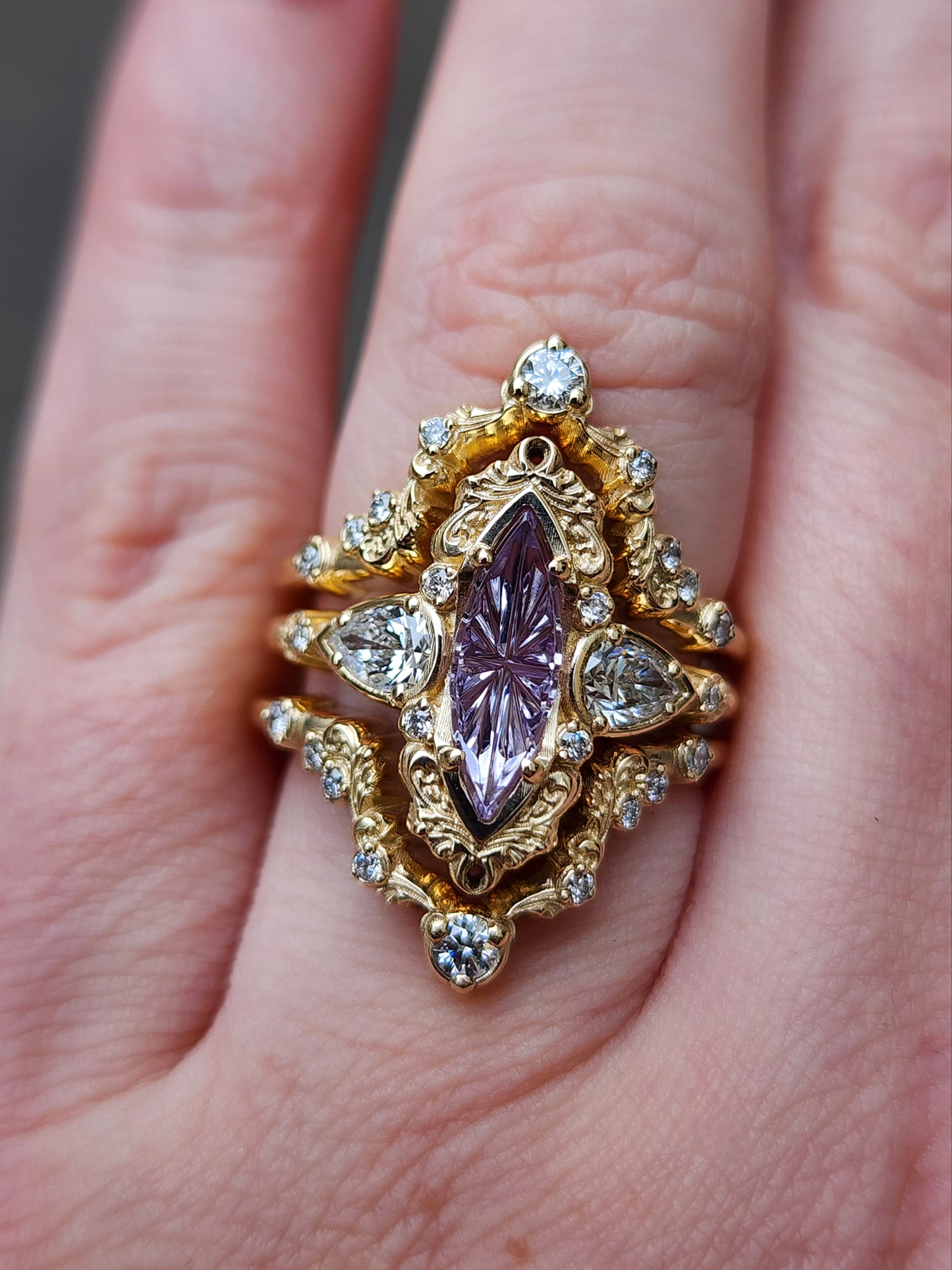 john dyer purple sapphire starbrite odette set by swankmetalsmithing vintage inspired 14k yellow gold 3 ring set with diamonds and filigree