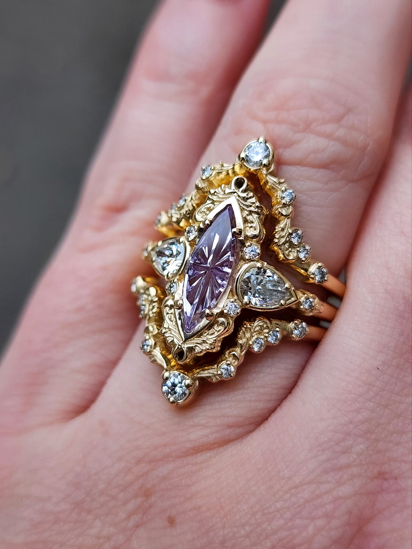 john dyer purple sapphire starbrite odette set by swankmetalsmithing vintage inspired 14k yellow gold 3 ring set with diamonds and filigree