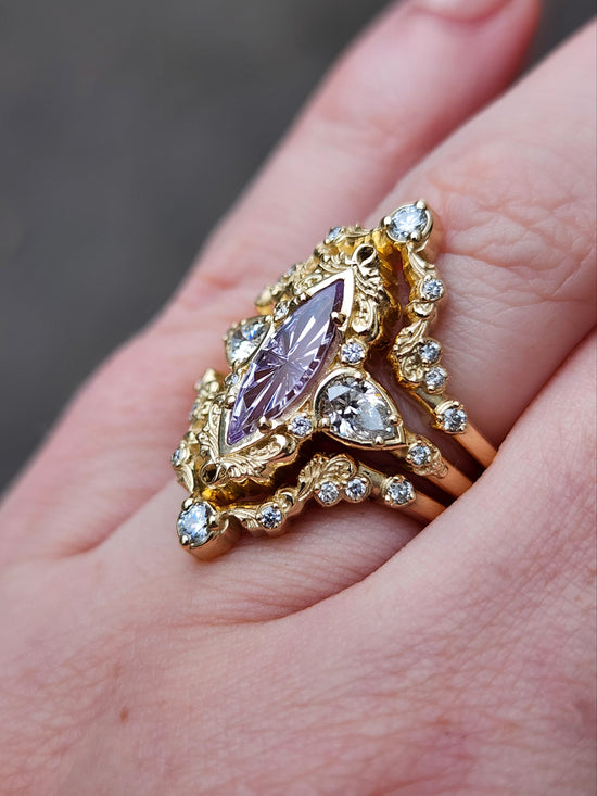 john dyer purple sapphire starbrite odette set by swankmetalsmithing vintage inspired 14k yellow gold 3 ring set with diamonds and filigree