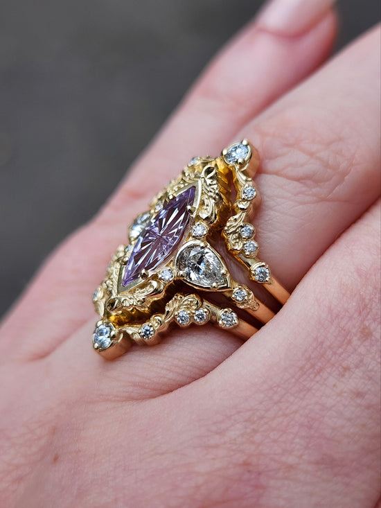 john dyer purple sapphire starbrite odette set by swankmetalsmithing vintage inspired 14k yellow gold 3 ring set with diamonds and filigree