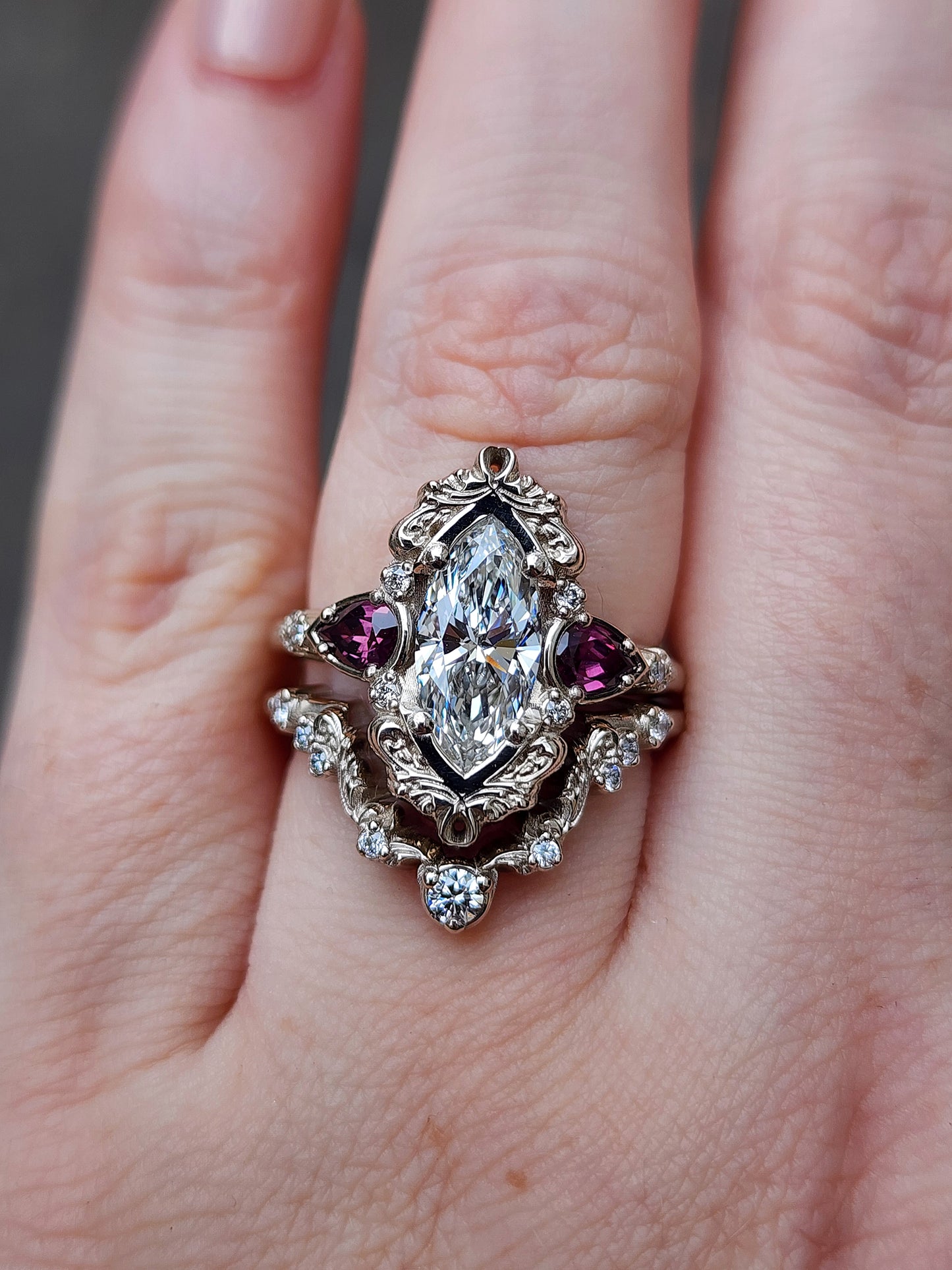 1.34ct lab diamond marquise odette engagement ring with natural huckleberry sapphire pears and diamonds with filigree details and matching wedding band, nontraditional engagement ring set