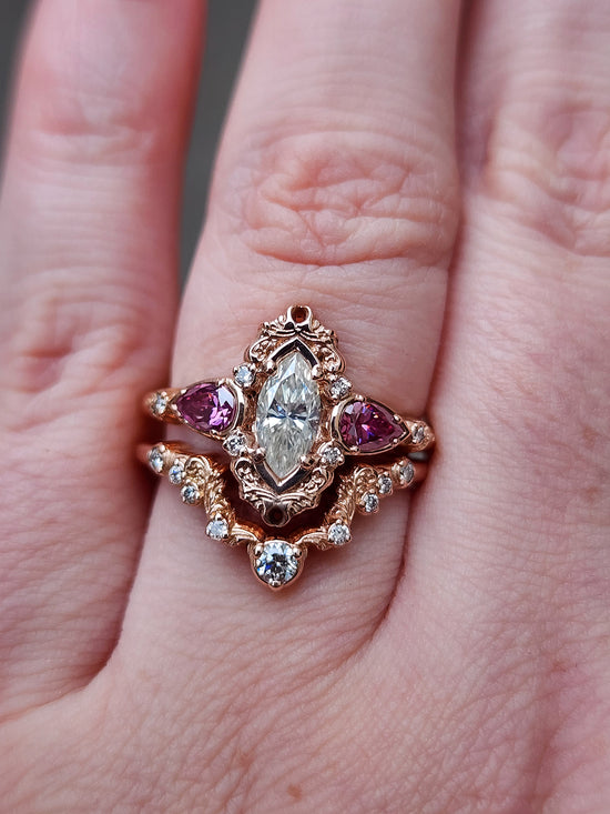 elvish marquise engagement ring with gold details and pink moissanite pears and curved diamond wedding band custom engagement ring set fantasy fairytale jewelry 