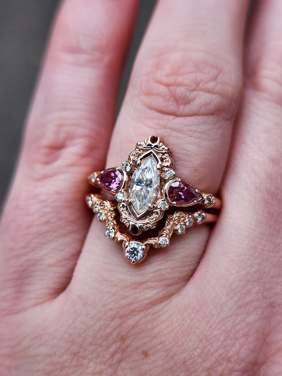 elvish marquise engagement ring with gold details and pink moissanite pears and curved diamond wedding band custom engagement ring set fantasy fairytale jewelry 