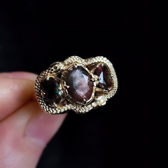 Oregon Sunstone 3 stone ring with double ouroboros snakes 14k yellow gold gothic victorian fine jewelry 