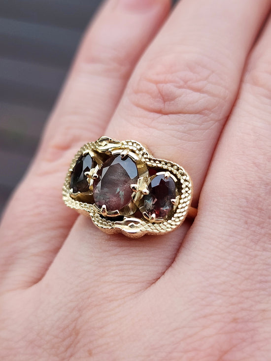 Oregon Sunstone 3 stone ring with double ouroboros snakes 14k yellow gold gothic victorian fine jewelry 