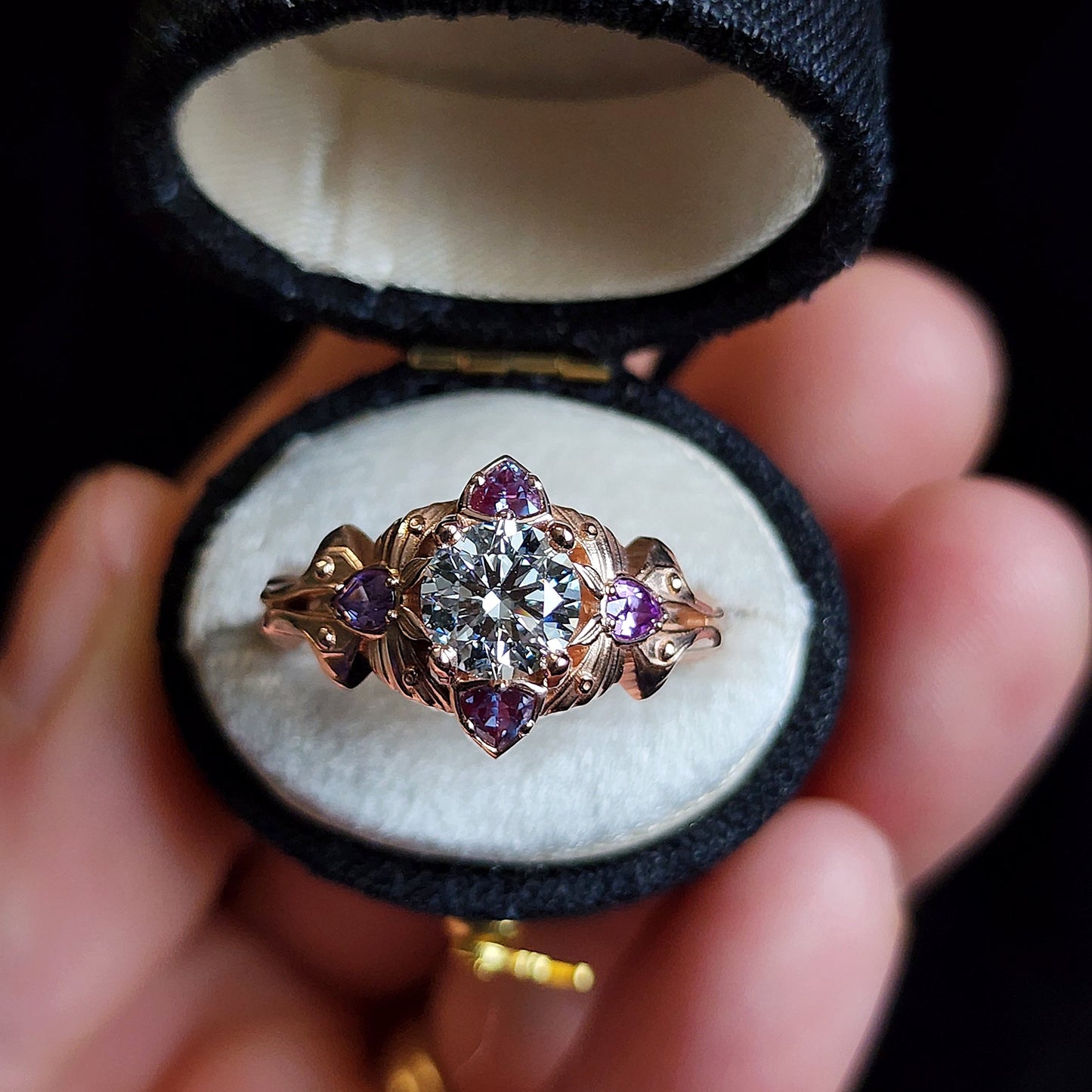 Luna Moth engagement ring with lab diamond purple sapphires and alexandrite 14k rose gold