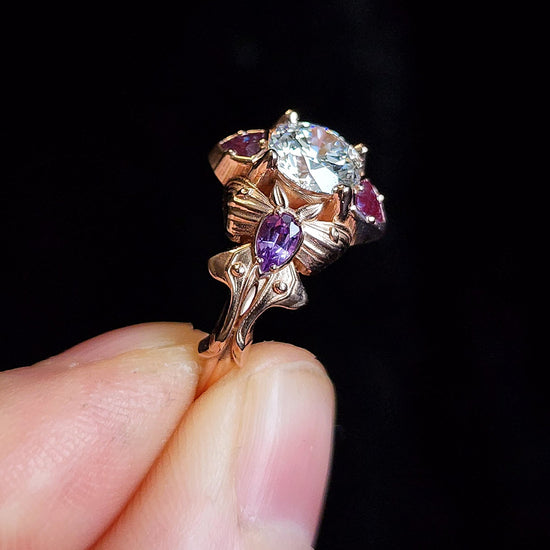 Luna Moth engagement ring with lab diamond purple sapphires and alexandrite 14k rose gold