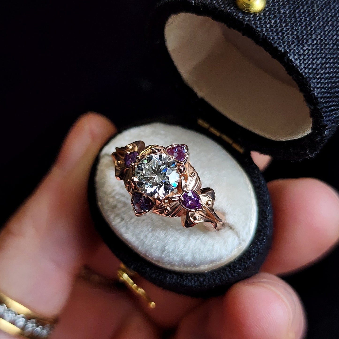 Luna Moth engagement ring with lab diamond purple sapphires and alexandrite 14k rose gold