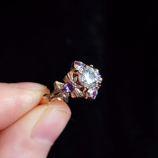 Luna Moth engagement ring with lab diamond purple sapphires and alexandrite 14k rose gold