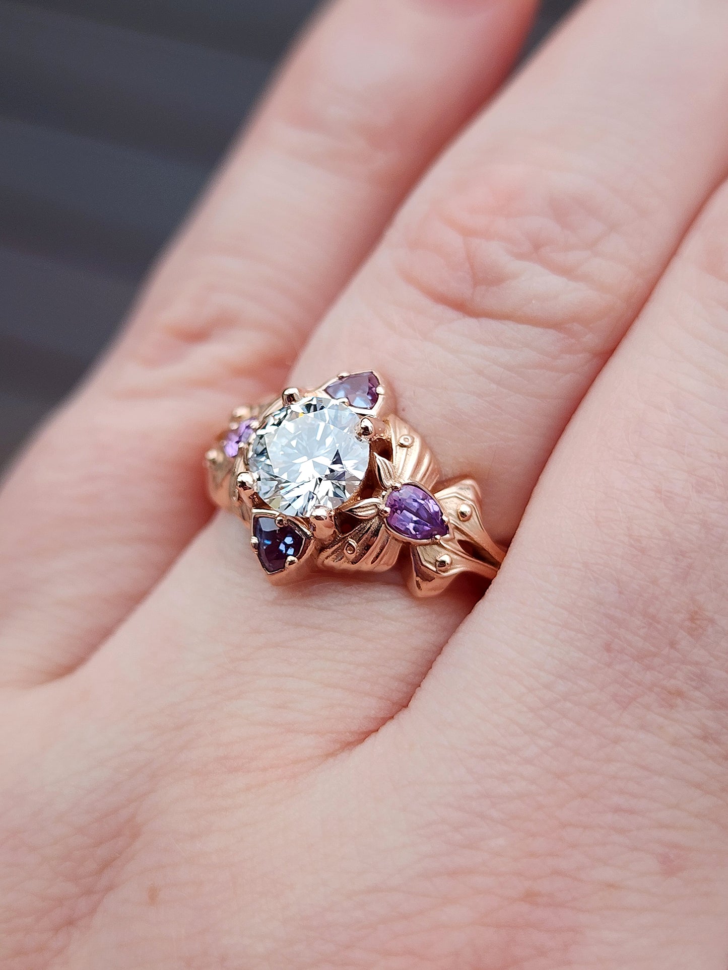 Luna Moth engagement ring with lab diamond purple sapphires and alexandrite 14k rose gold