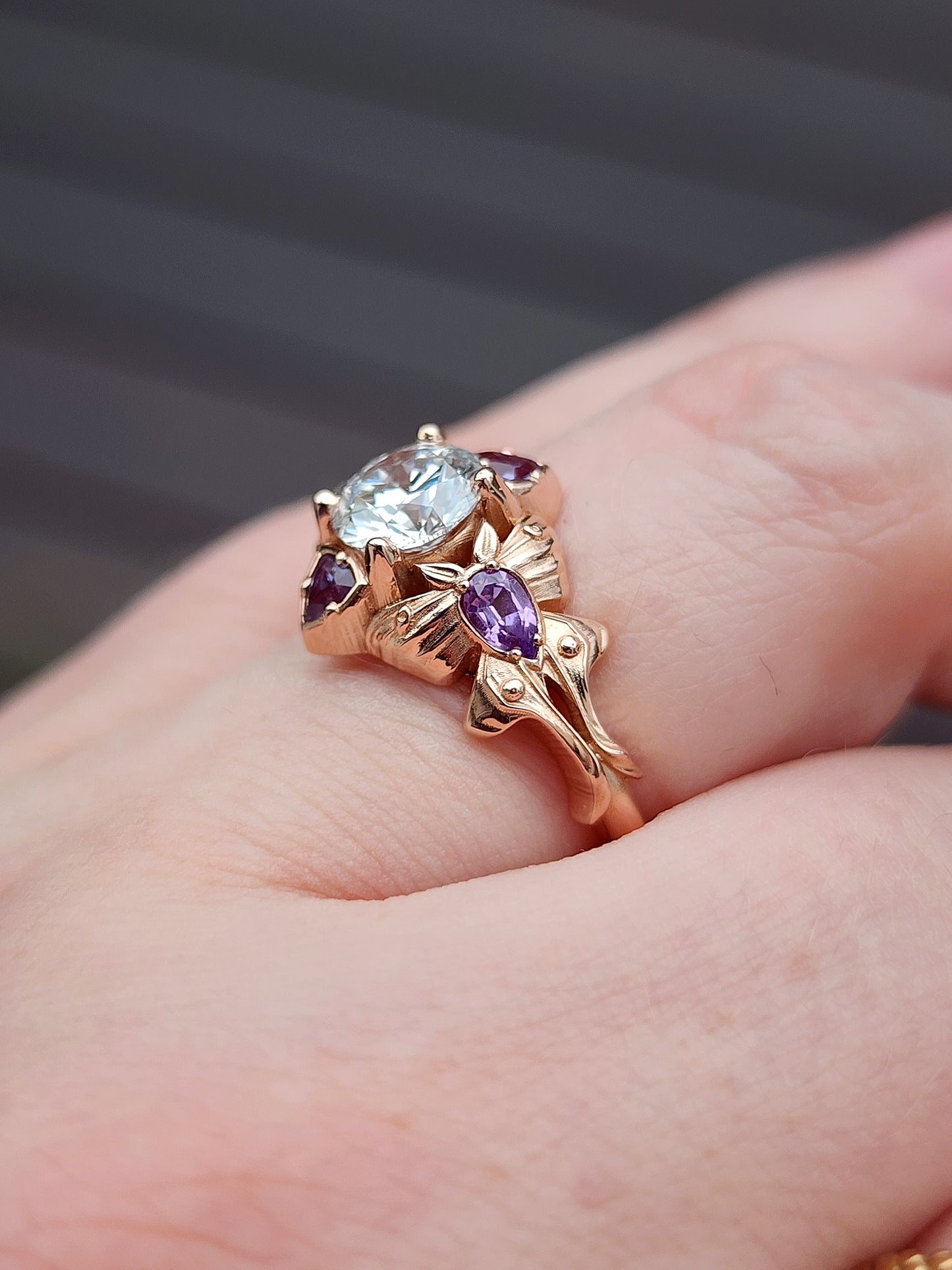 Luna Moth engagement ring with lab diamond purple sapphires and alexandrite 14k rose gold