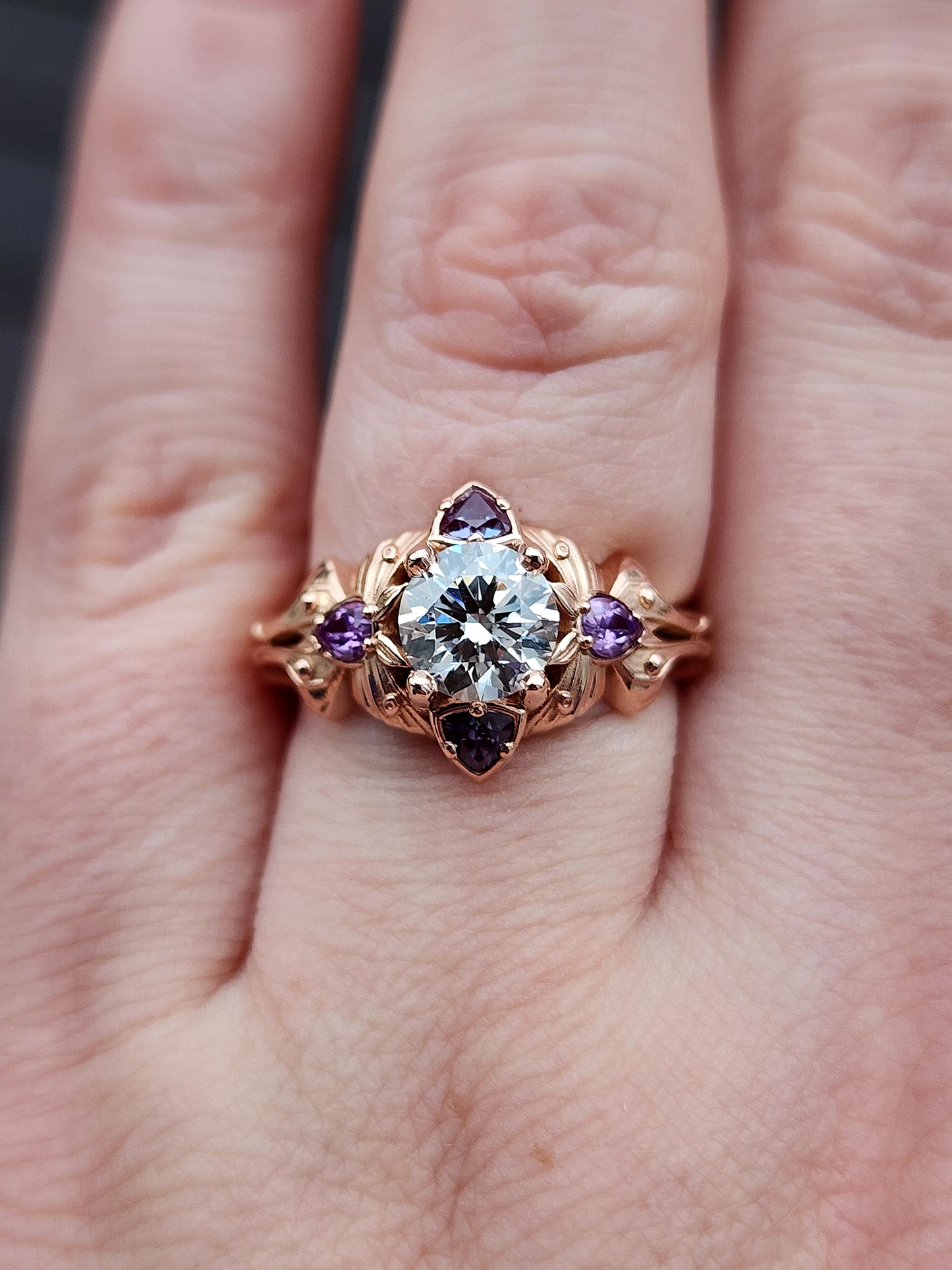 Luna Moth engagement ring with lab diamond purple sapphires and alexandrite 14k rose gold