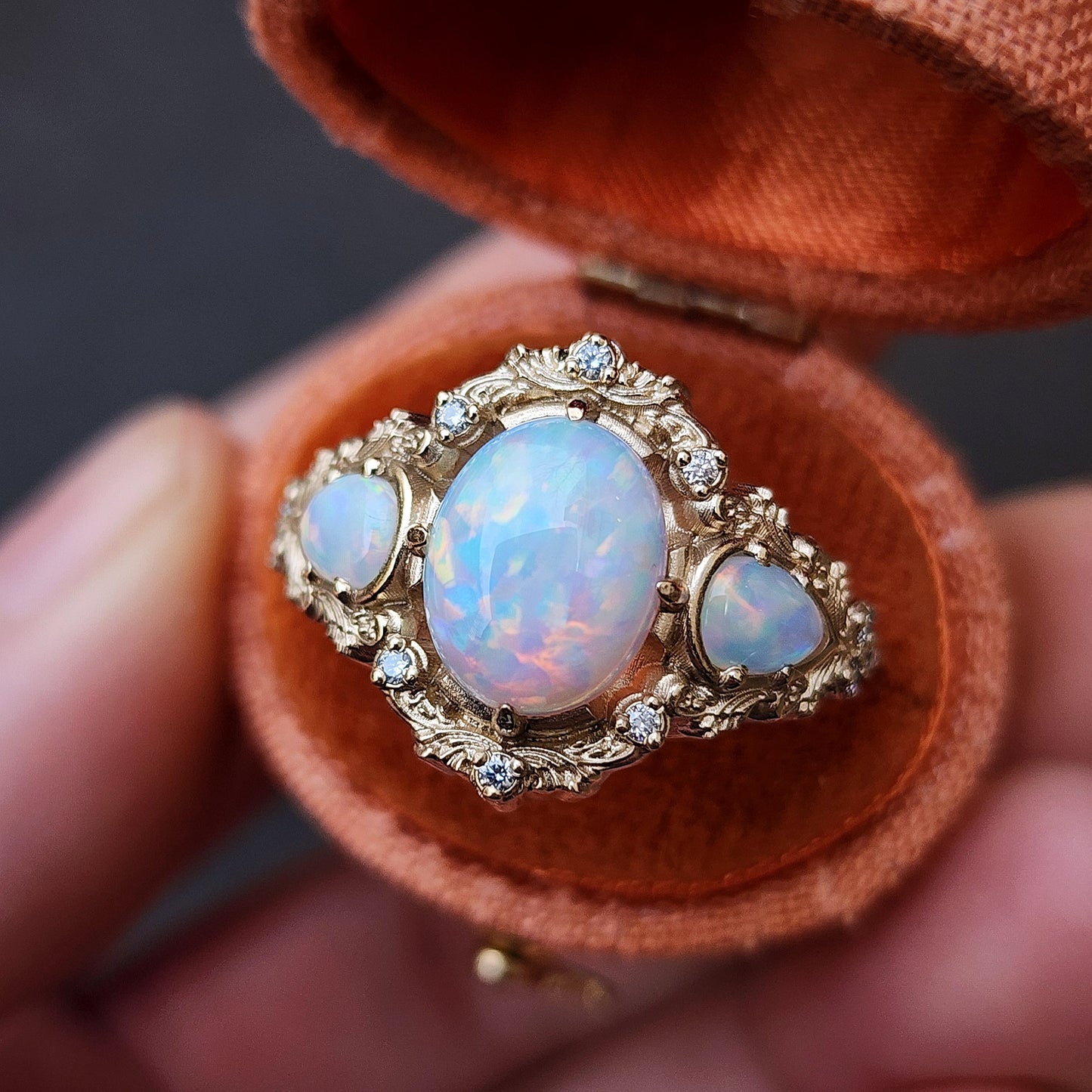 Lab Chatham Opal Ophelia anniversary ring with diamonds and gold scrolls 14k yellow gold