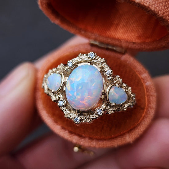 Lab Chatham Opal Ophelia anniversary ring with diamonds and gold scrolls 14k yellow gold