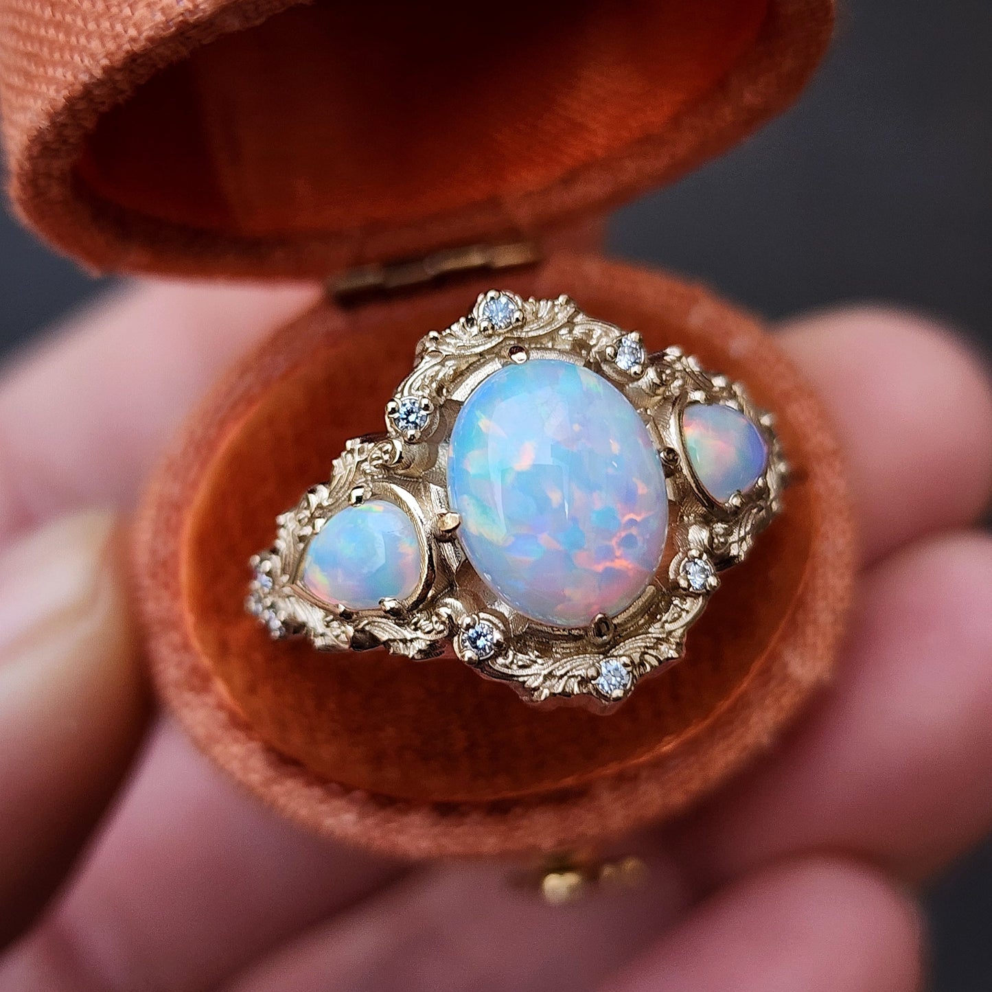 Lab Chatham Opal Ophelia anniversary ring with diamonds and gold scrolls 14k yellow gold