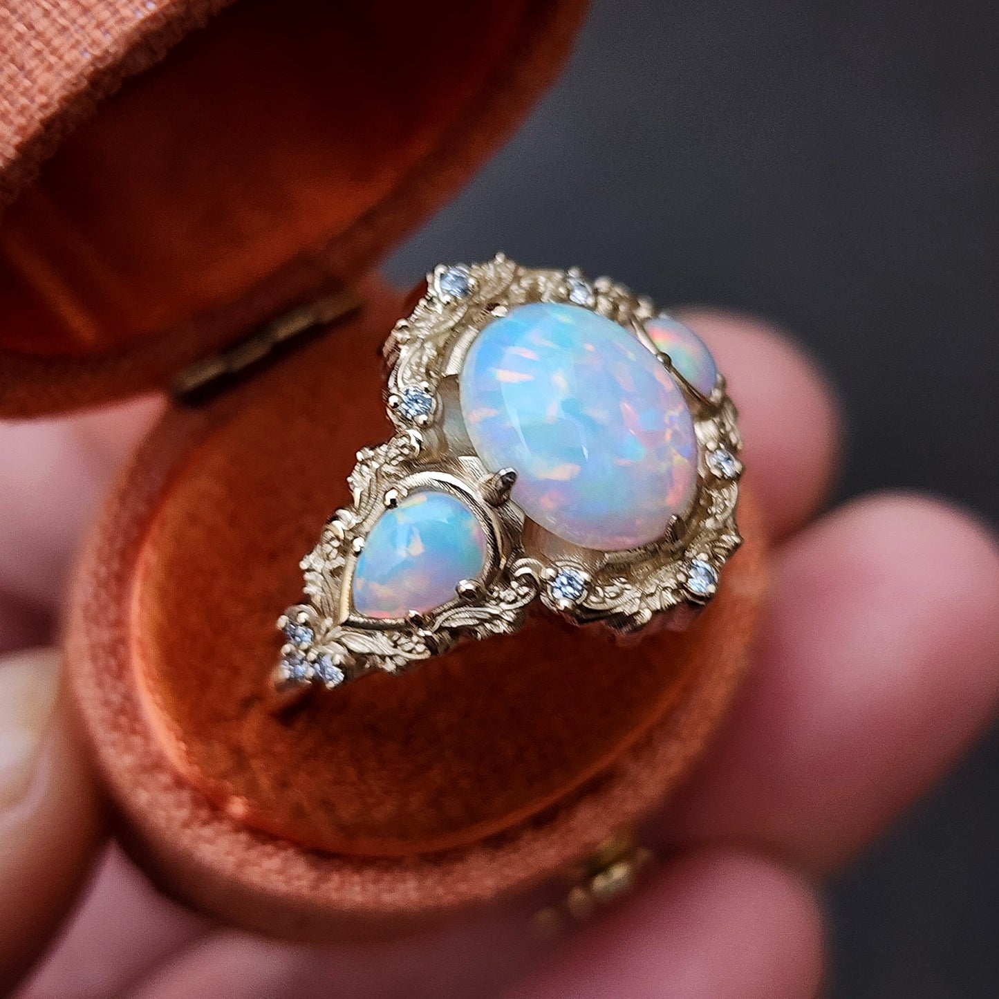 Lab Chatham Opal Ophelia anniversary ring with diamonds and gold scrolls 14k yellow gold