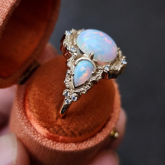 Lab Chatham Opal Ophelia anniversary ring with diamonds and gold scrolls 14k yellow gold