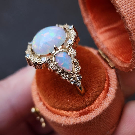 Lab Chatham Opal Ophelia anniversary ring with diamonds and gold scrolls 14k yellow gold