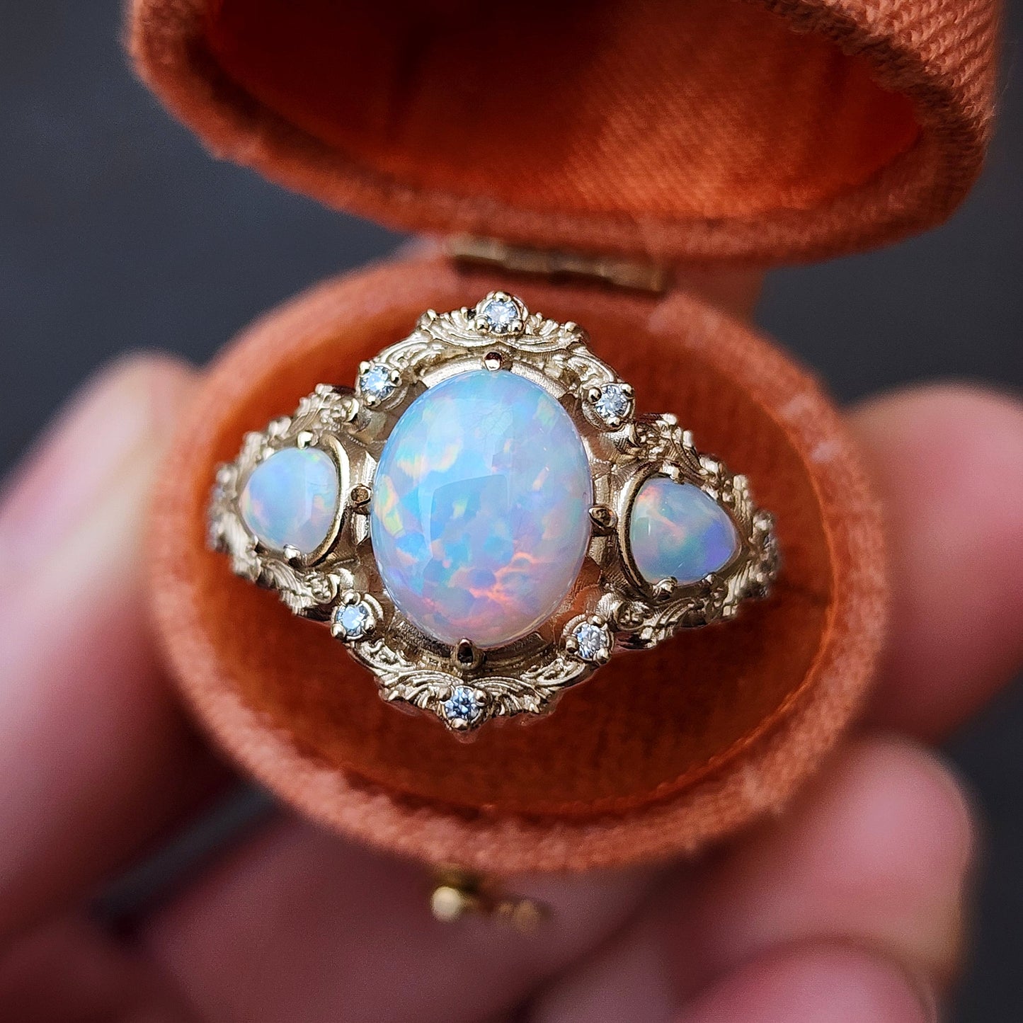 Lab Chatham Opal Ophelia anniversary ring with diamonds and gold scrolls 14k yellow gold