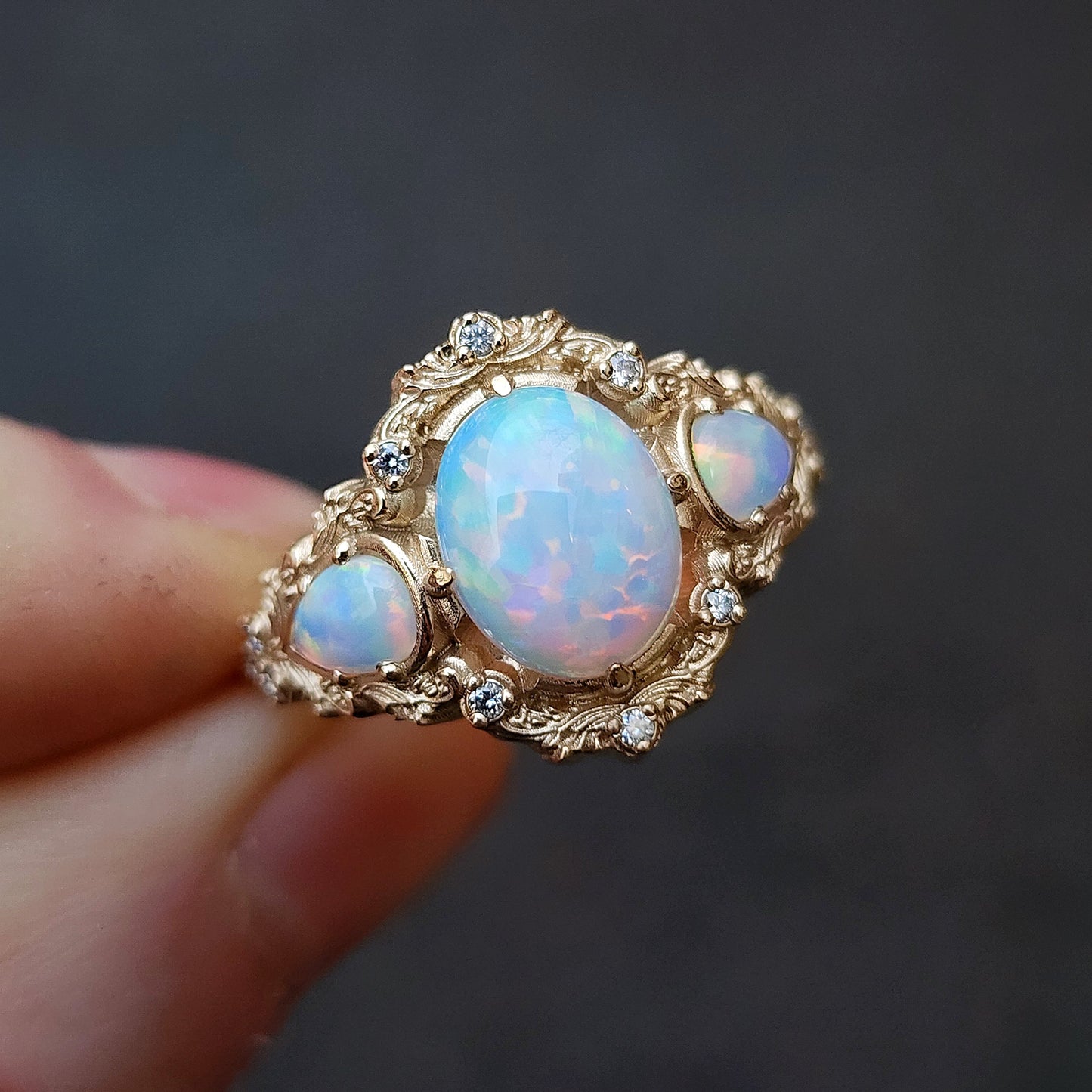 Lab Chatham Opal Ophelia anniversary ring with diamonds and gold scrolls 14k yellow gold