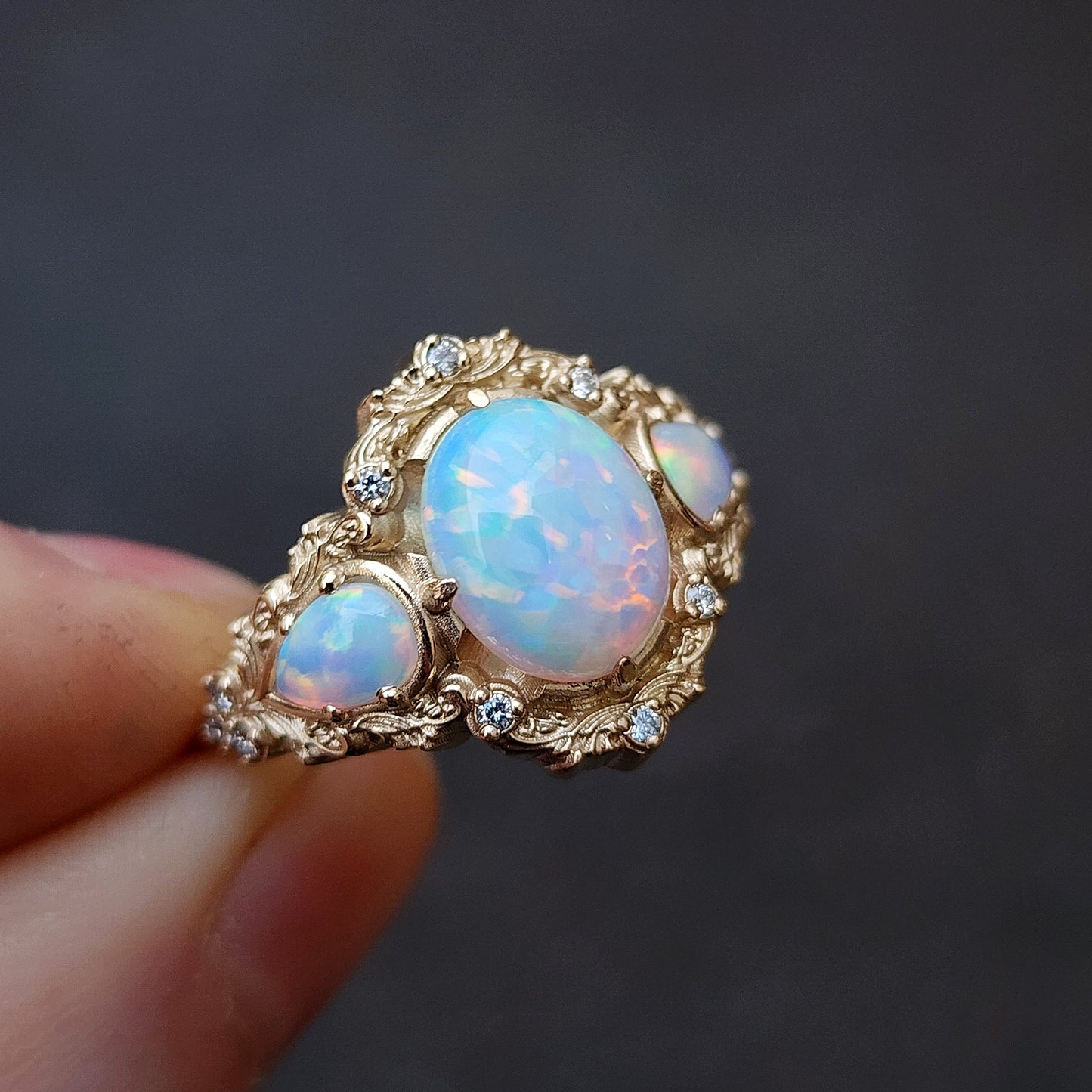 Lab Chatham Opal Ophelia anniversary ring with diamonds and gold scrolls 14k yellow gold