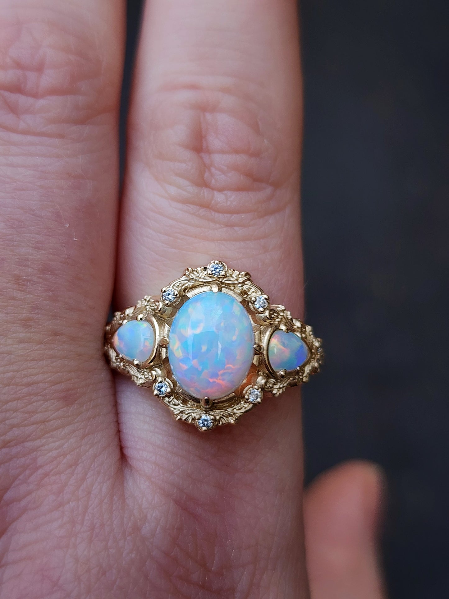 Lab Chatham Opal Ophelia anniversary ring with diamonds and gold scrolls 14k yellow gold