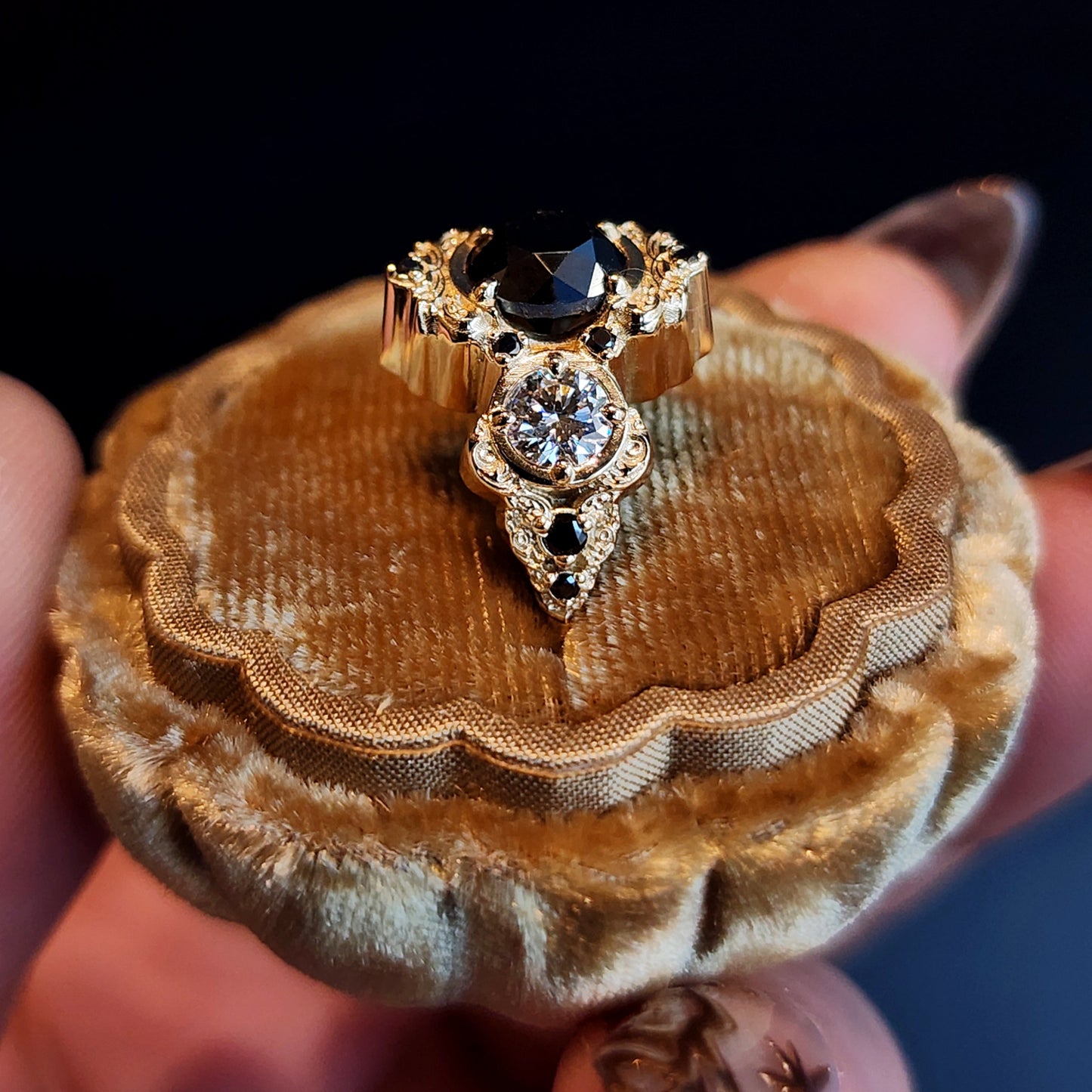 Georgette antique styled engagement ring with gold details filigree and diamonds 14k by swankmetalsmithing