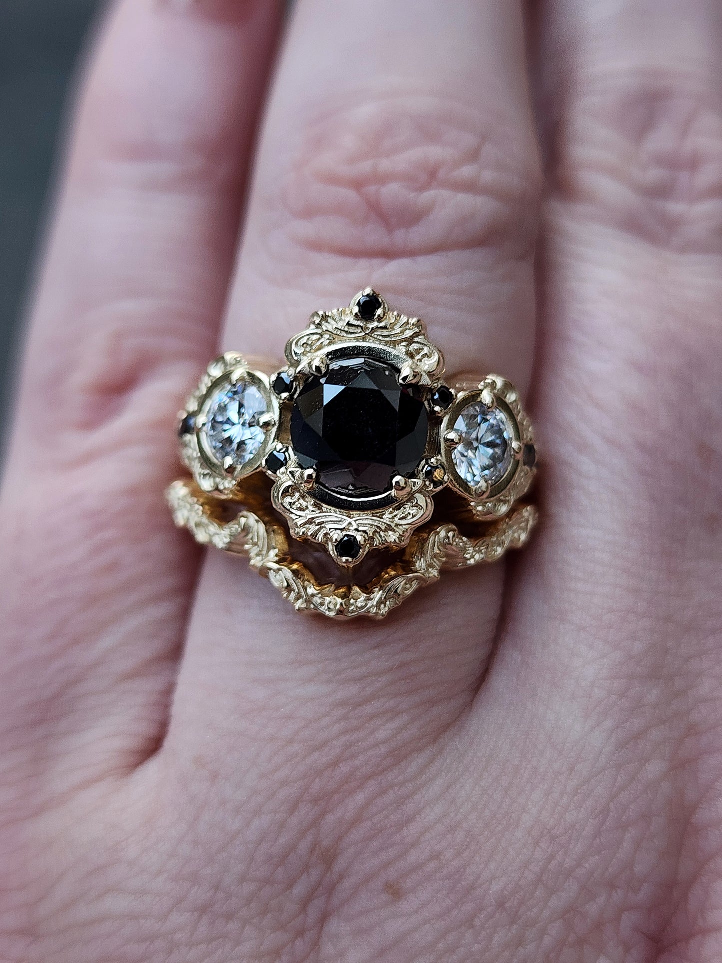 Georgette antique styled engagement ring with gold details filigree and diamonds 14k by swankmetalsmithing