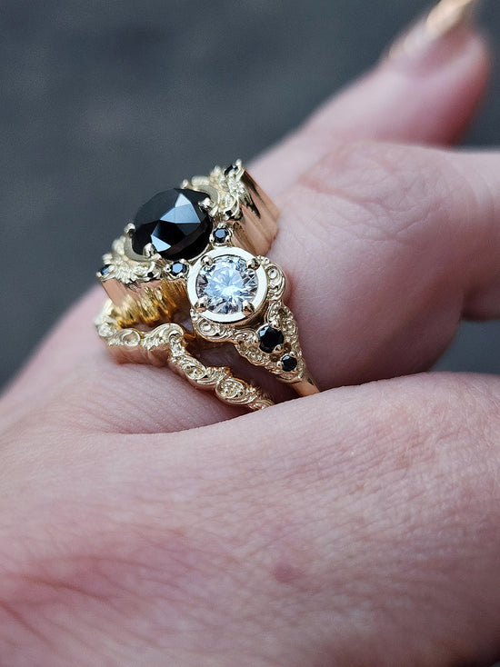 Georgette antique styled engagement ring with gold details filigree and diamonds 14k by swankmetalsmithing