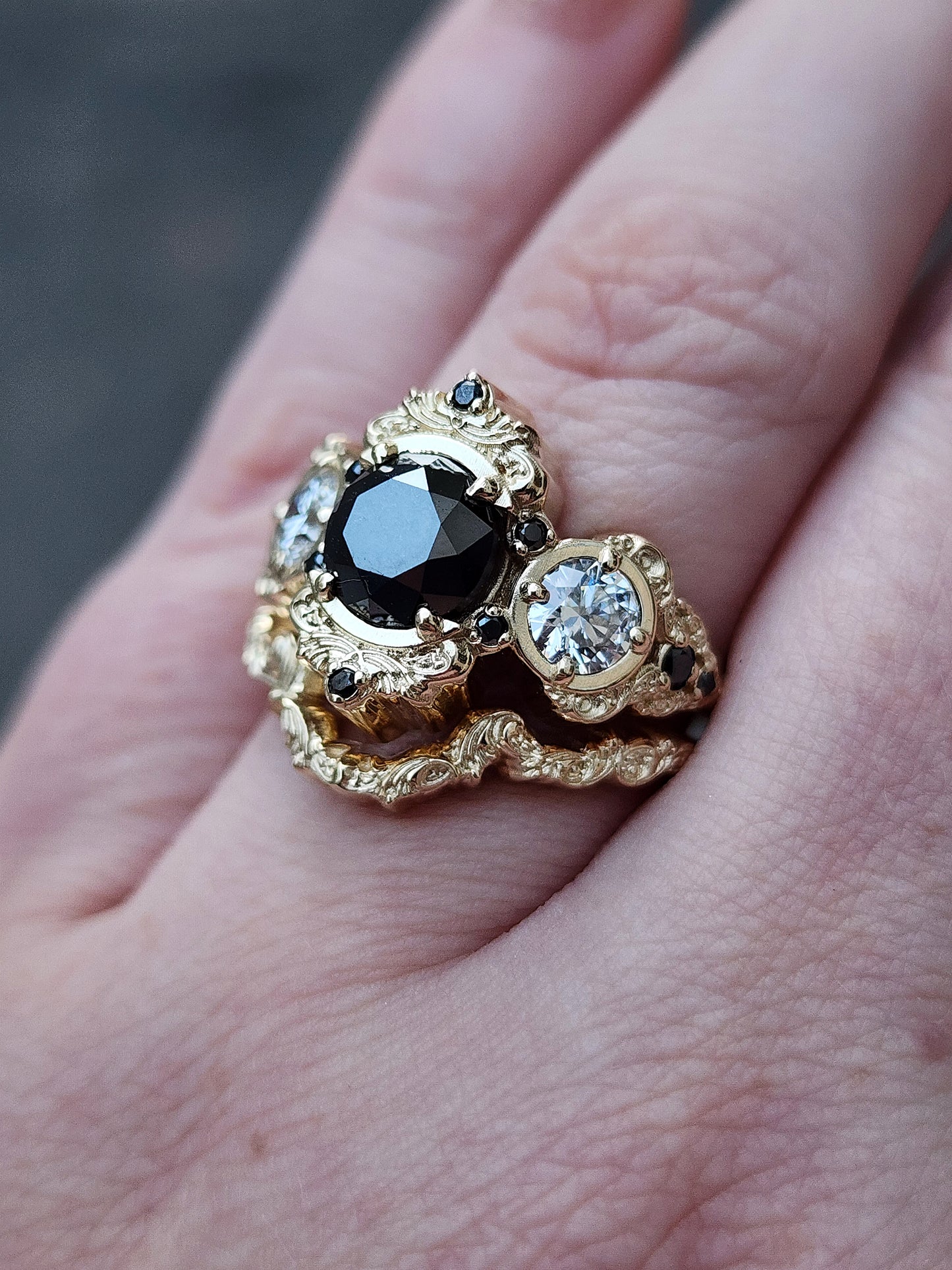 Georgette antique styled engagement ring with gold details filigree and diamonds 14k by swankmetalsmithing