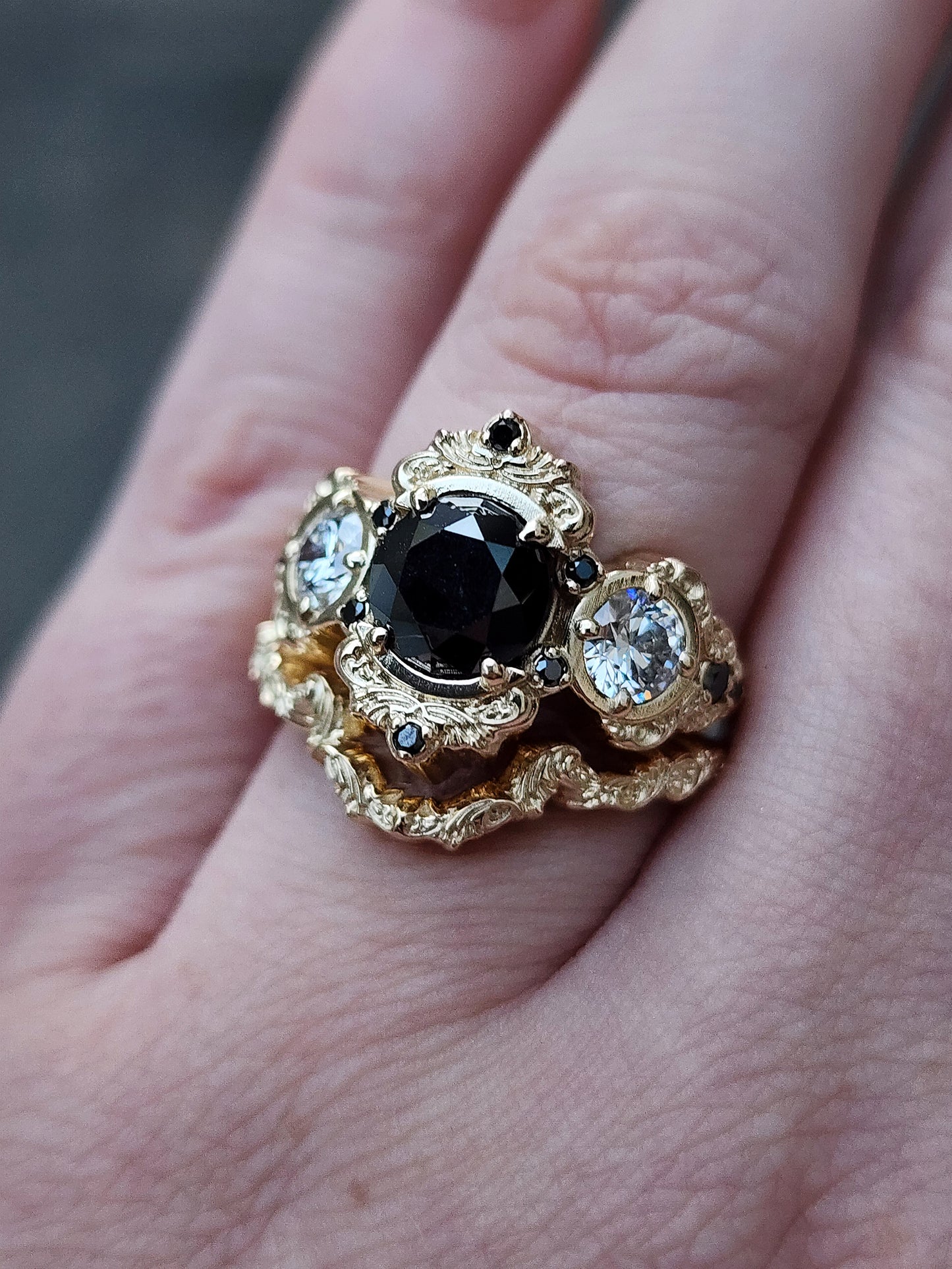 Georgette antique styled engagement ring with gold details filigree and diamonds 14k by swankmetalsmithing