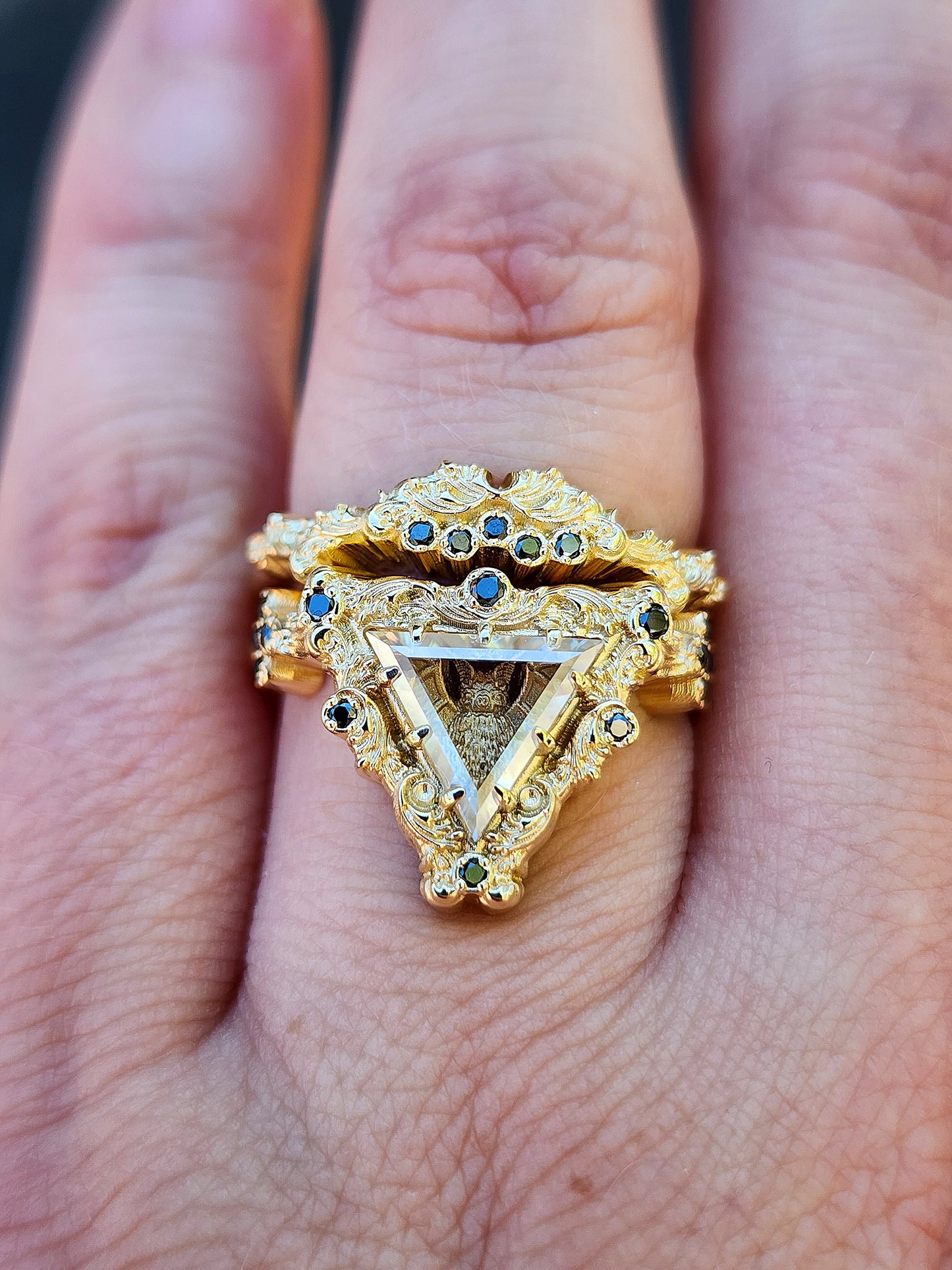 Ready to Ship Victorian Gothic Bat Engagement Ring Shadow Box with Triangle Portrait Cut Moissanite Wedding Ring Set Baroque Scrolls with Black or White Diamonds 14k Gold Ethereal Unique Fine Jewelry